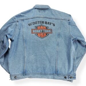 VTG Lee Men's Denim Jean Trucker Jacket‎ 7175CS Stone Wash Size XL Graphic Print